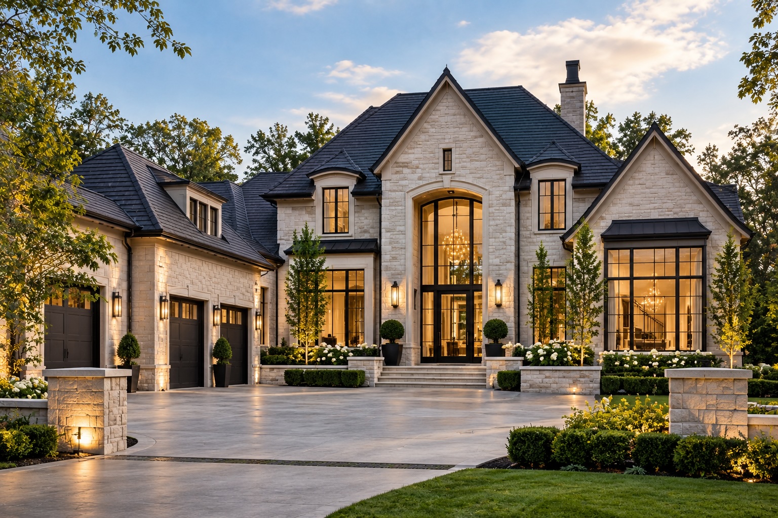 Finished custom stone home with landscaped circular driveway at dusk