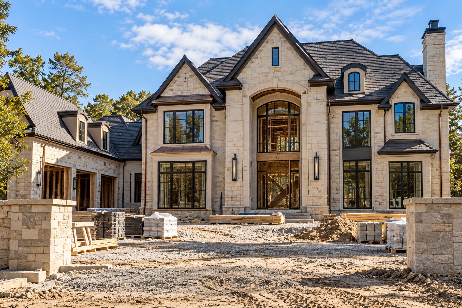 Custom stone home under construction with materials on site