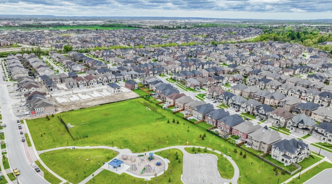 Aerial view of an established detached-home neighbourhood in Vaughan, Ontario, with a park and playground | Ragona Real Estate