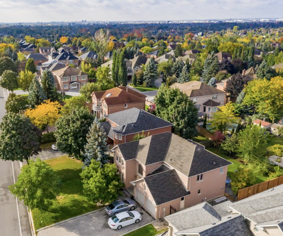 Aerial view of established detached homes among mature autumn trees