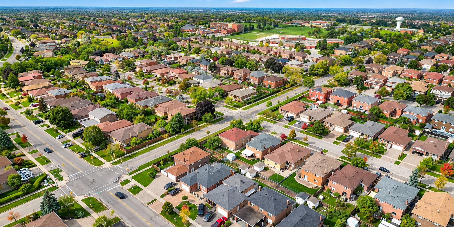 Aerial view of an established neighbourhood of brick detached homes