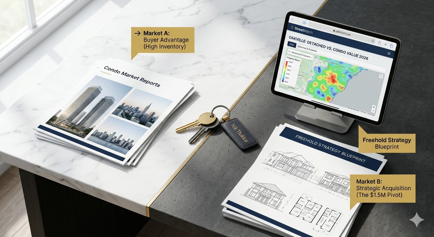 Strategic real estate infographic comparing 2026 GTA condo market inventory versus freehold detached home value in Oakville and Milton for Ontario move-up buyers