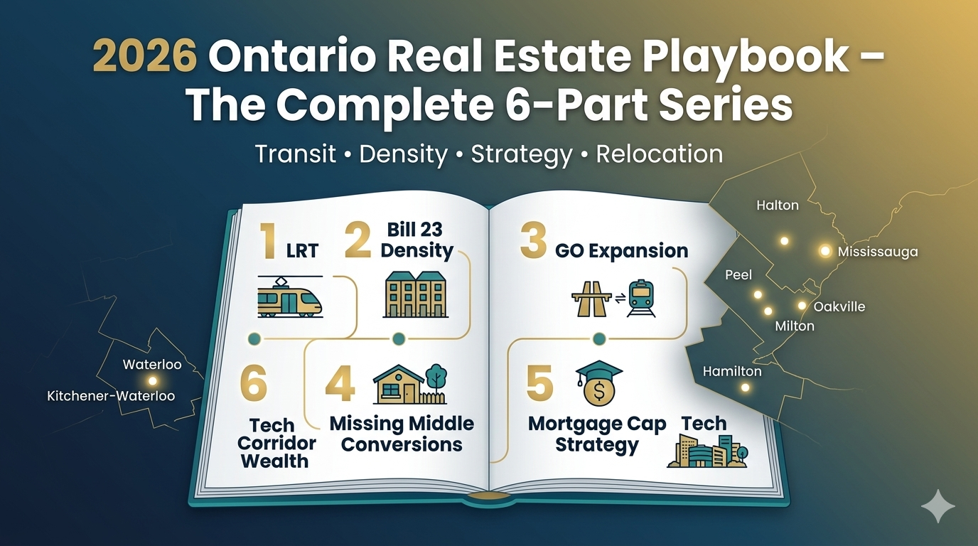2026 Ontario Real Estate Playbook – The Complete 6-Part Series covering LRT, Bill 23 density, GO expansion, mortgage cap and tech relocation