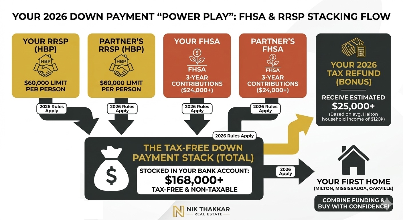 Visual flowchart of 2026 FHSA and RRSP stacking for a Canadian first-time buyer