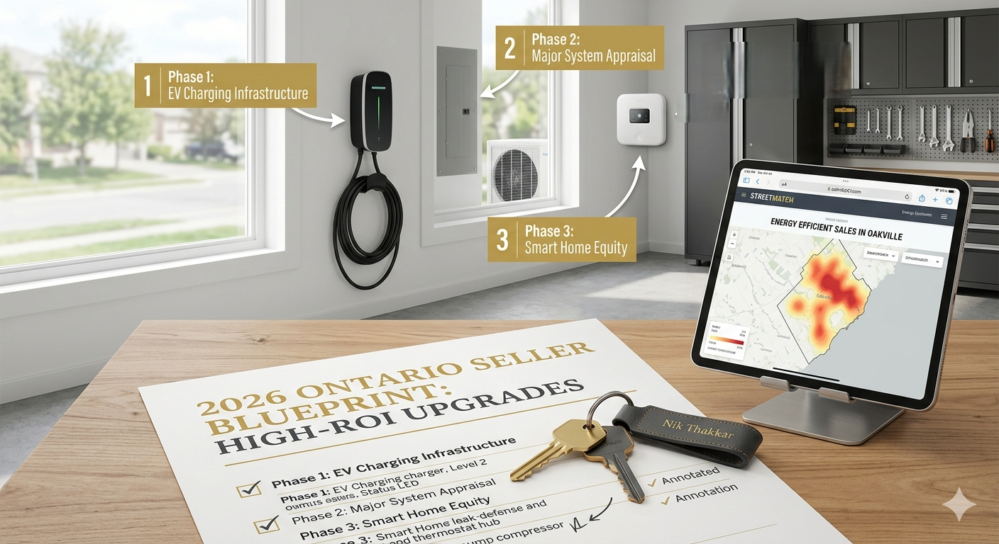 Strategic Equity Audit showing high-ROI energy improvements like a Level 2 EV charger and heat pump for Ontario home resale 2026